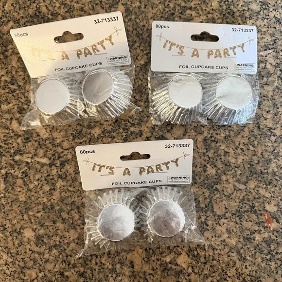 It's A Party Foil Mini Cupcake Cups 3 Packs of 80pcs Each Silver Liners Baking
