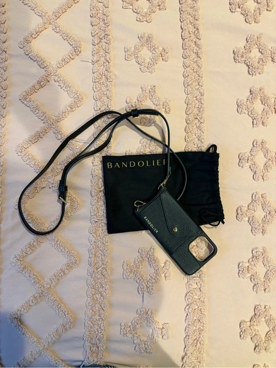 Bandolier Black Leather Crossbody Phone Wallet with Adjustable Strap