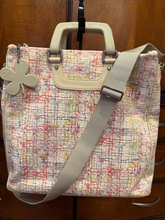 CHANEL Multicolor Printed Canvas Tote with Cream Leather Trim and Strap