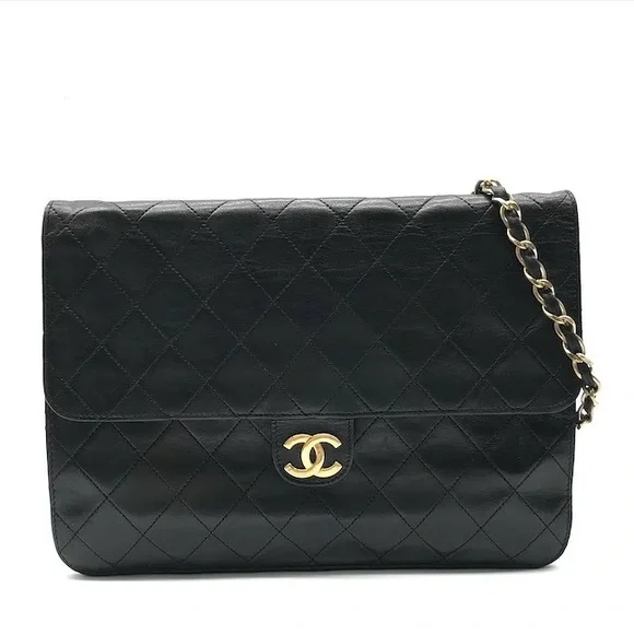 Authentic CHANEL black lambskin single flap classic 24k gold hardware bag