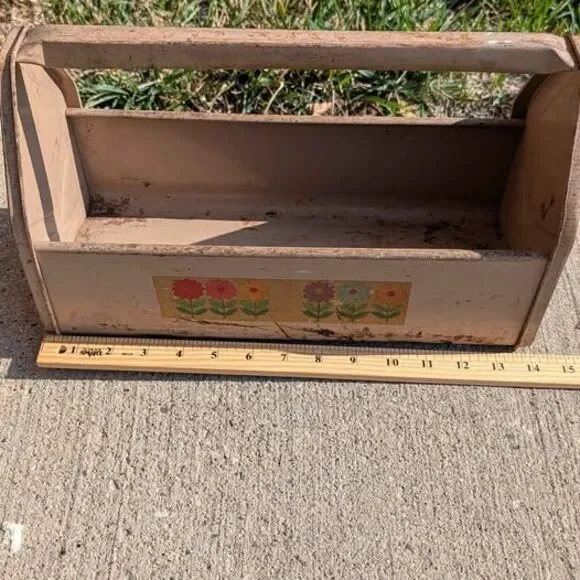 Vintage Tan Metal Toolbox Caddy Handle Flower Graphics Clean Bottom Craft