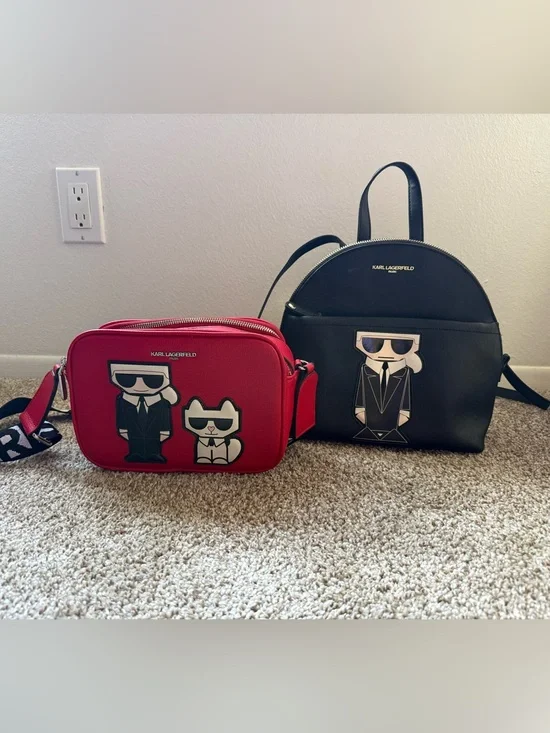 Karl Lagerfeld Red Camera Bag with Character Appliqué and back pack