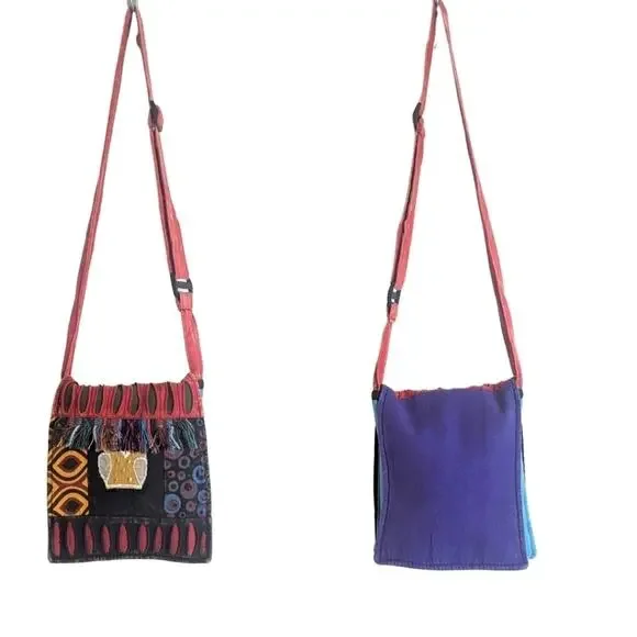 Boho Patchwork Owl Mixed Media Crossbody Bag Multicolored Made in Nepal