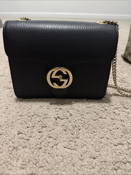 Gucci Black Pebbled Leather Crossbody with Gold Double G