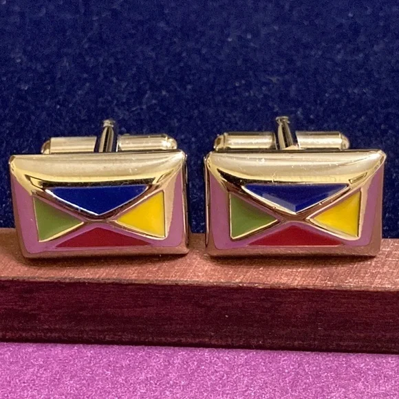 Silver tone and enamel multicolored panel cufflinks