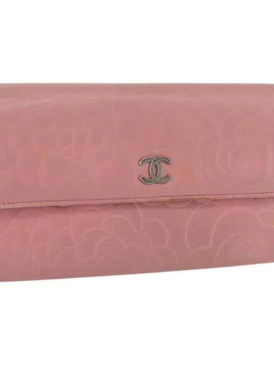 CHANEL Camelia Long Wallet Lamb Skin Pink CC Auth YKZ410