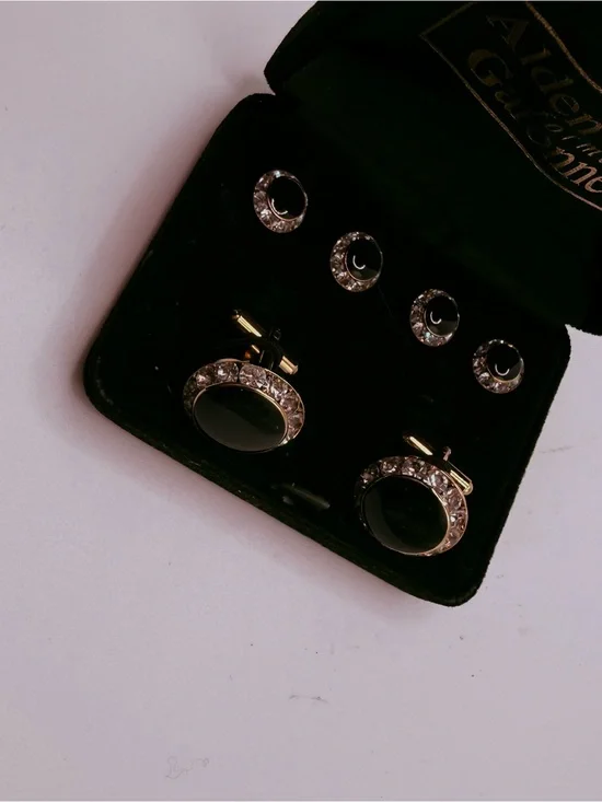 Black Onyx and Crystal Cufflink Set with Matching Studs