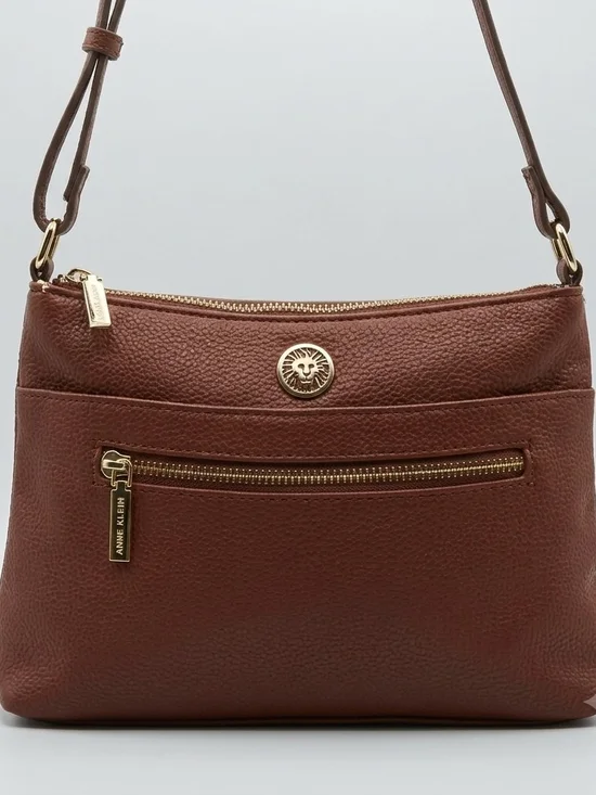 Anne Klein Cognac Brown Pebbled Faux Leather Crossbody Purse with Lion Logo