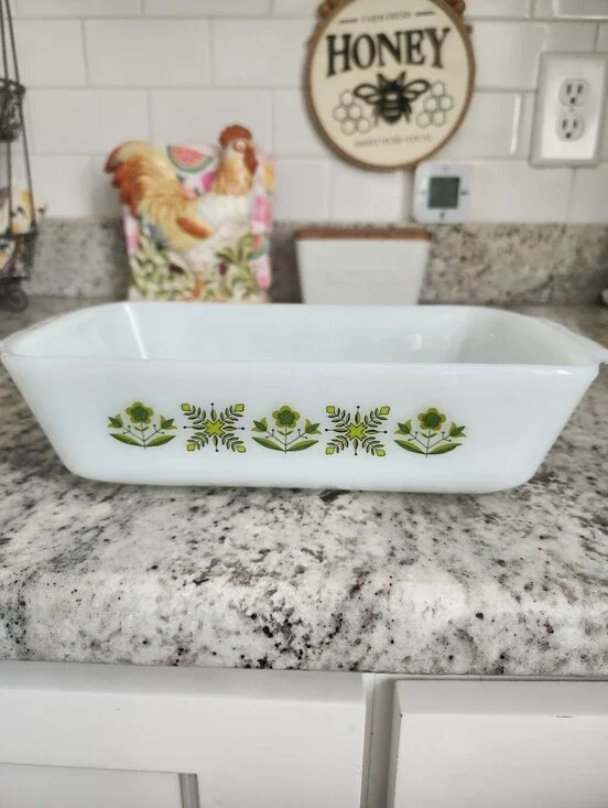 Vtg Anchor Hocking Fire King Meadow Green 1 qt loaf pan / 1 quart dish