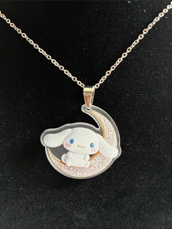 Cute White Cinnamoroll Moon Pendant Necklace