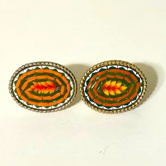 Rare Vintage Glass Micro Mosaic Lg Oval Cufflinks Goldtone