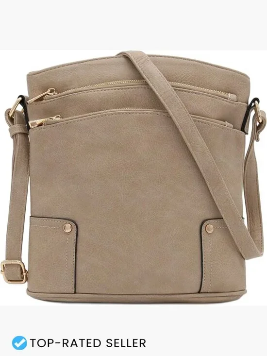 Triple Zip Pocket Large Crossbody Bag Sling Shoulder Faux Leather Vegan