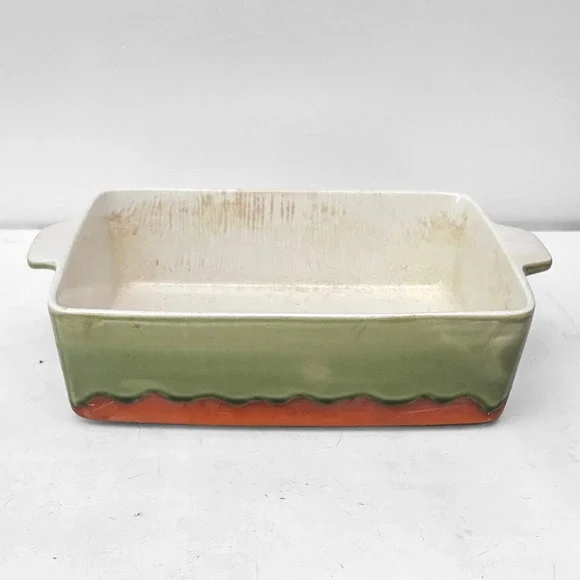 VTG Baum Brothers Style-Eyes Celadon Drip Rectangular Ceramic Baking Dish Green