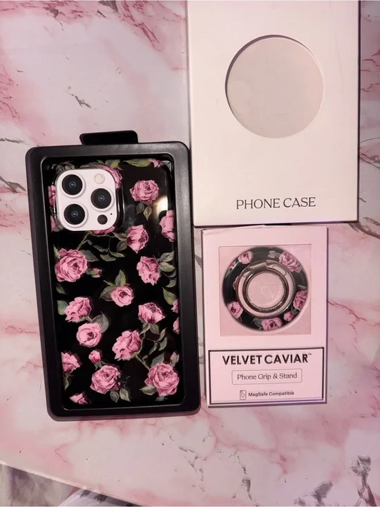 Velvet Caviar Pink Rose Floral Phone Case & Phone Grip - Black Background