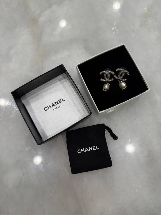 CHANEL Crystal CC Logo Pearl Drop Earrings