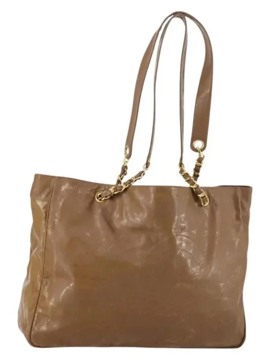 CHANEL Tote Bag Enamel Brown Gold CC Auth bs29208