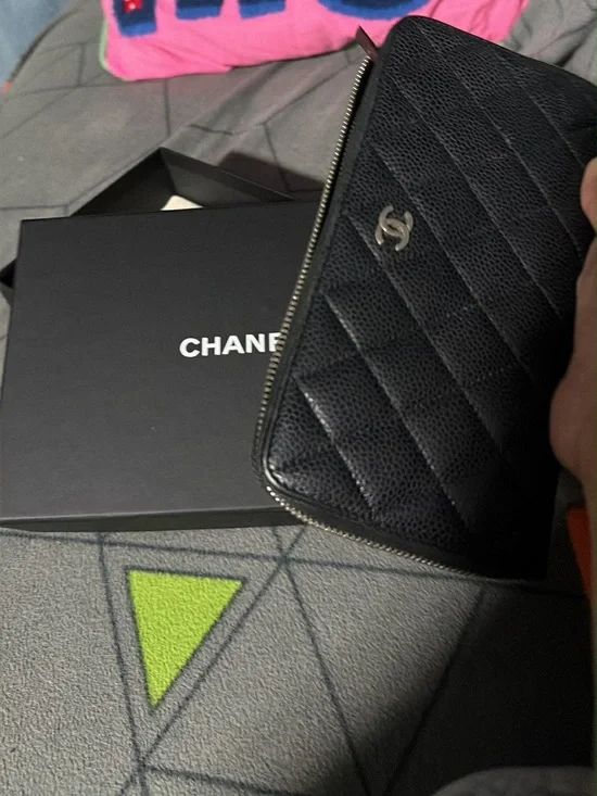 CHANEL Black Quilted Caviar Zip Wallet with Silver CC