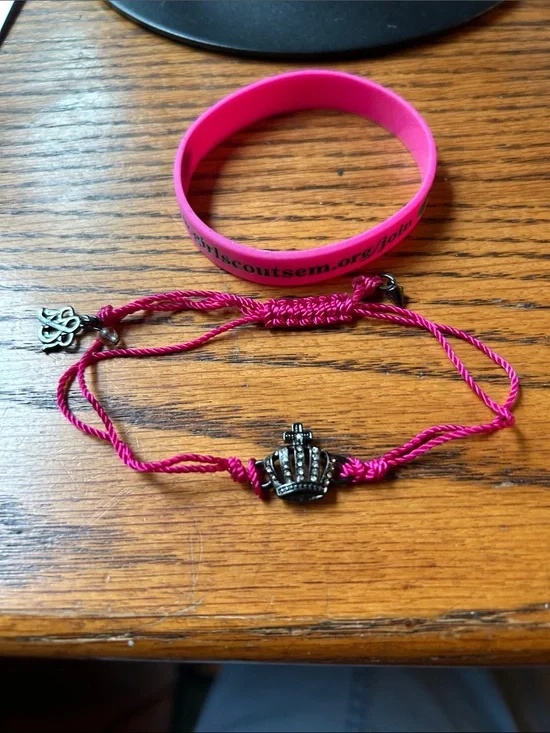 Pink Crown Cord Bracelet with Charm and rubber Girl Scout band