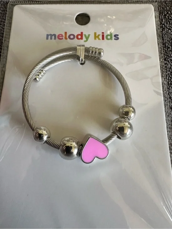 Melody Kids Pink Heart Silver-Tone Cable Bracelet