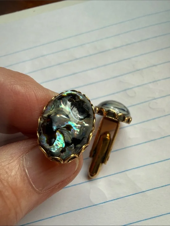 Gold-Tone Abalone Shell Oval Cuff Links — Iridescent Black/Green