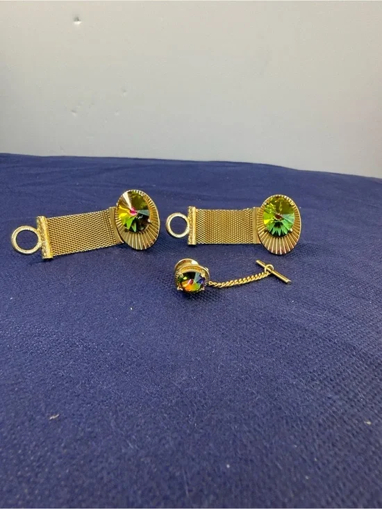 Vintage Dante Mesh Wrap Cufflinks & Tie Tack Set Silver Tone ABRivoli Rhinestone