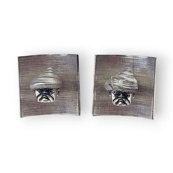 Swank Arts Of The World Cufflinks Venice Man Shell Hat Rhodium Plated Vtg 1961