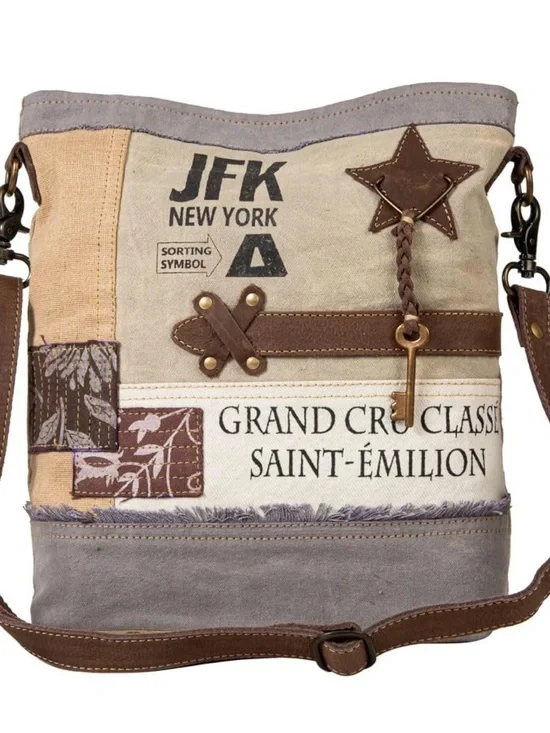 Myra Bag Crossbody Western Upcycled Canvas & Leather 11x12” Boho Patch