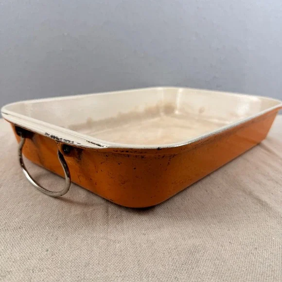 Vintage Le Creuset Flame Orange 15x10 Roasting Pan Folding Handles HTF France‎