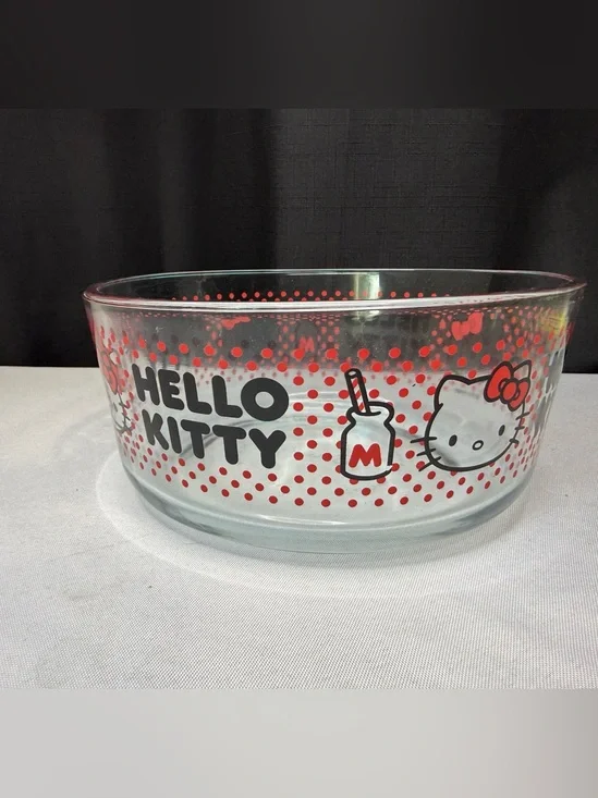 Hello Kitty Clear Glass Pyrex Bowl with Red Polka Dot Accents 7” Diameter