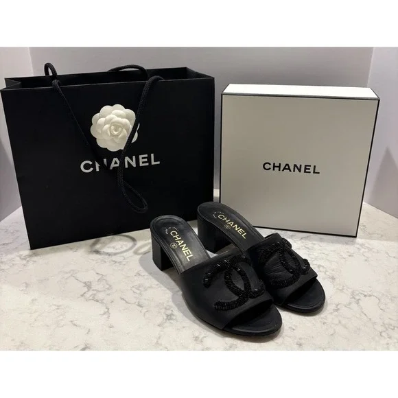 Chanel‎ Black Leather Beaded CC Logo Block Heel Mule Sandals 36.5 Made in Italy