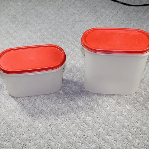 Vintage Tupperware Mid Century Set of 2 (4 piece) Oval Containers Red Lids