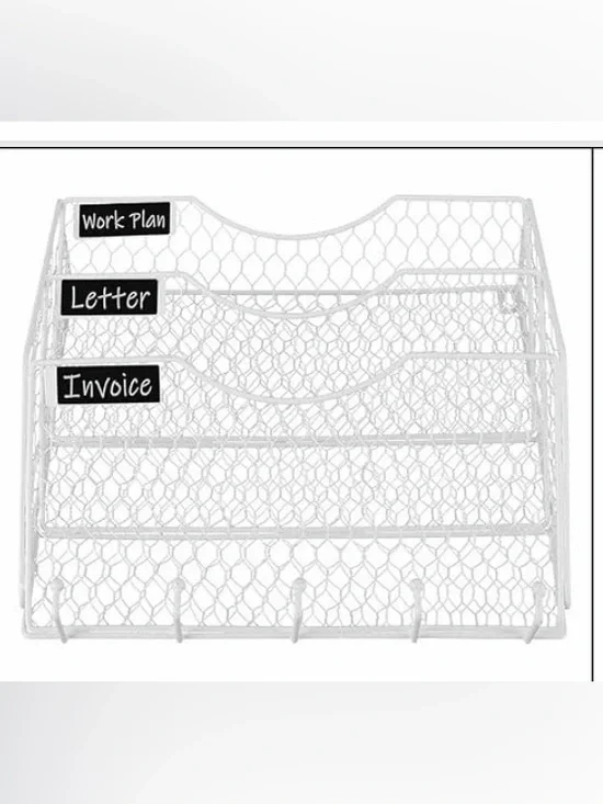 3 Tier White Wire Hanging Wall Mount Organizer w 5 Hooks & Mounting Screws