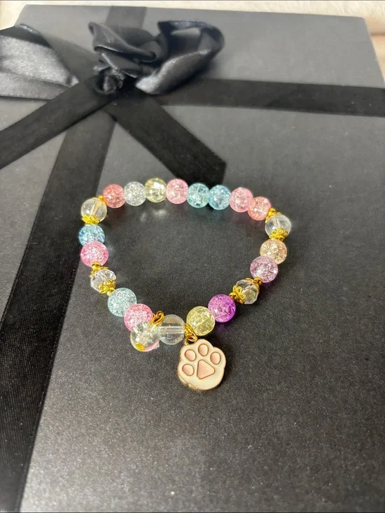 Multicolor Crackle Bead Paw Charm Bracelet