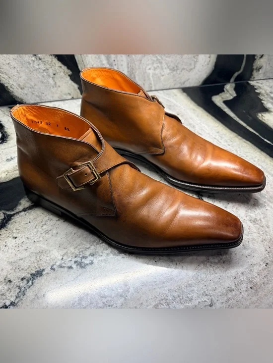 Santoni Hand Made Italy Monk Strap Ankle Boots Cognac Brown 8.5 UK / 9.5 US