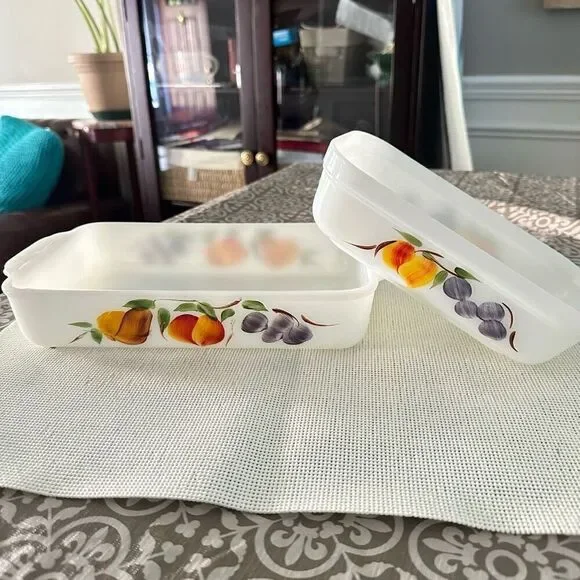 Anchor Hocking FIRE KING 2 pc‎ Loaf Pan & Rectangular Peach Blossom Dish Vintage
