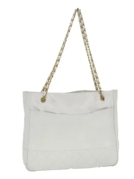 CHANEL Chain Shoulder Bag Lamb Skin White CC Auth yk6254
