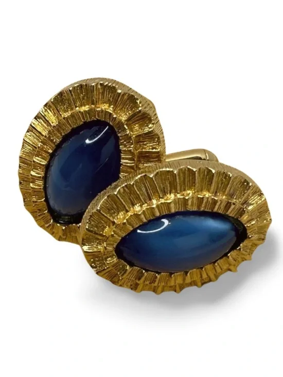 Vintage Gold Tone Blue Cabochon Cufflinks Textured Oval Statement