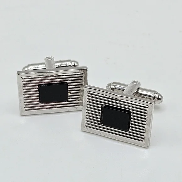 VINTAGE Dante Silver Tone Genuine Onyx Inset Rectangular Cufflinks Set Signed