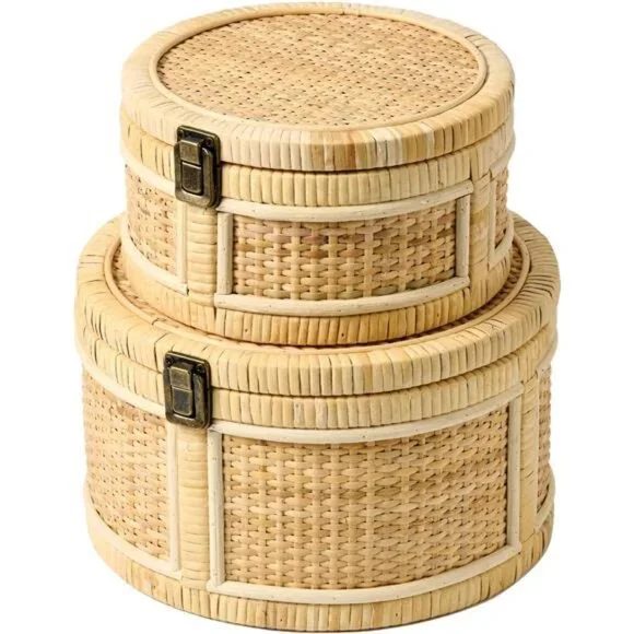 2PCS Rattan Storage Boxes with Lids Wooden Frame Baskets Set