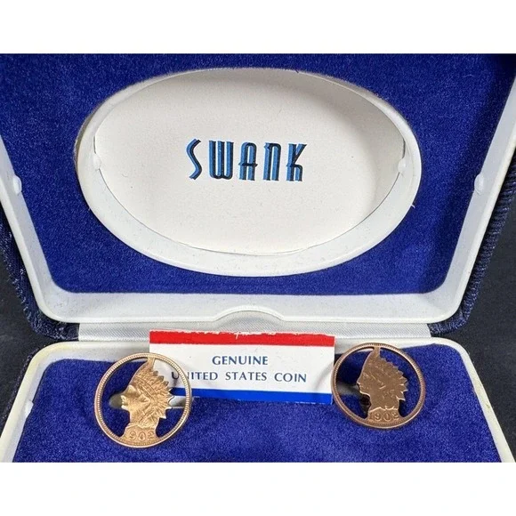 Vintage Swank Indian Head Penny Cufflinks 1902 Cut Coin Design w/ Box USA