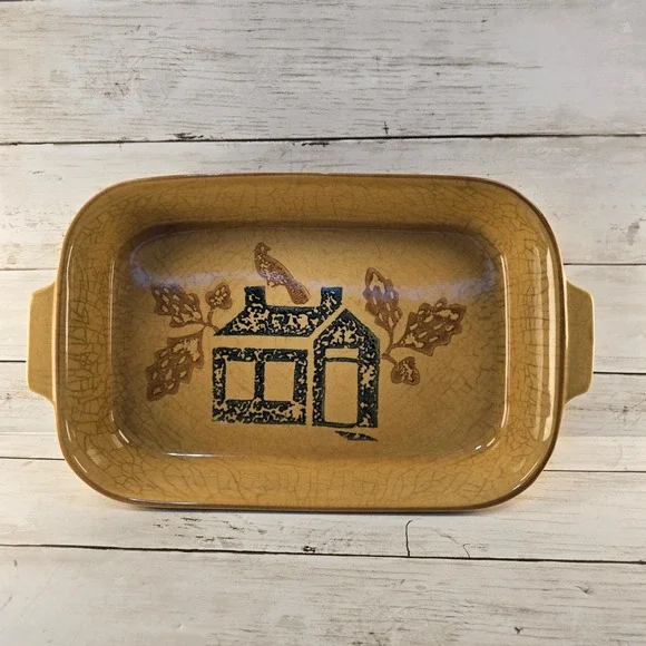 VTG Pfaltzgraff Village 2 Qt Rectangular Baker Stoneware Tan Blue House Bird USA