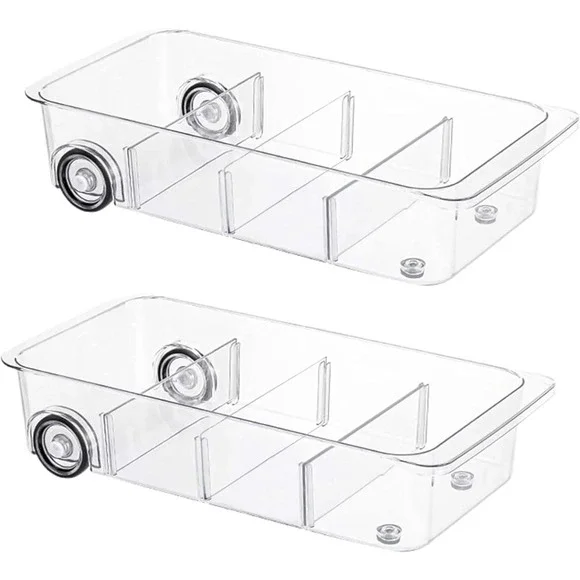 Set of 2 Clear Rolling Fridge‎ Cabinet Organizer Bins with Adjustable Dividers