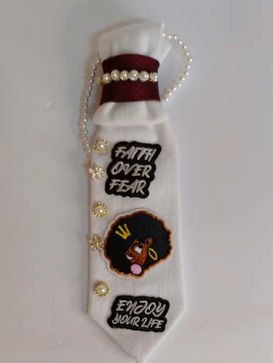 Kids White Decorative Necktie Necklace with Burgundy Band and Pearl Accents