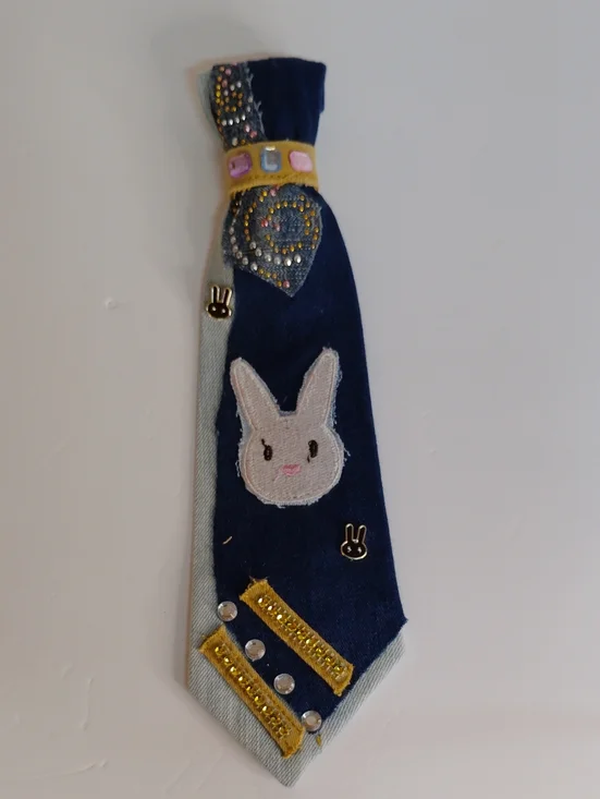 Bunny Embellished Kids Navy Tie with Pink & Gold Accents