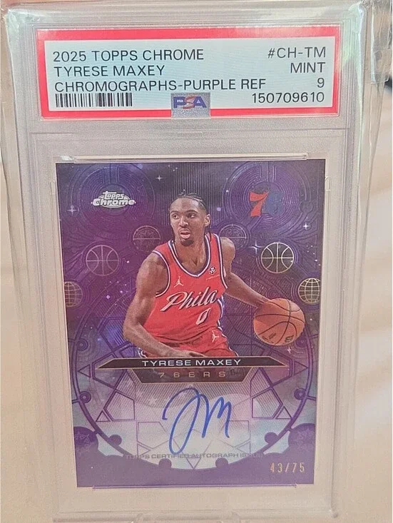 2025-26 Chrome PSA 9 Tyrese Maxey Chromographs 43/75 On Card Auto 76ers #CH-TM