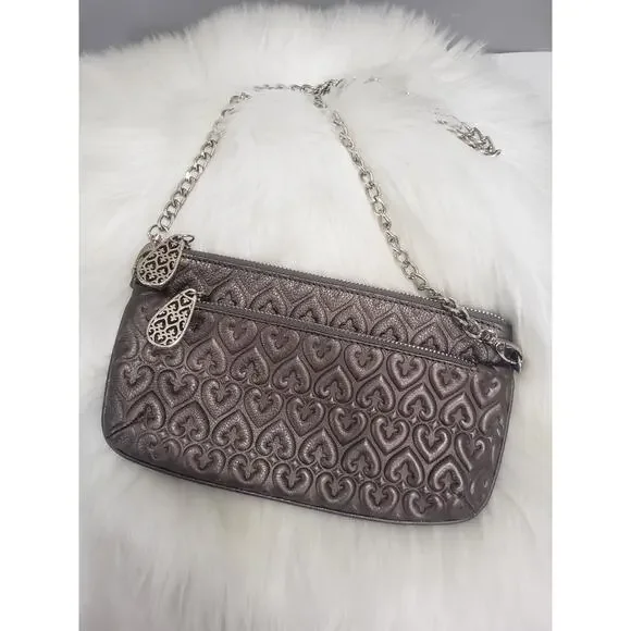 Brighton‎ Leather Shoulder Bag Wristlet Wallet Peweter Embossed Hearts Metallic