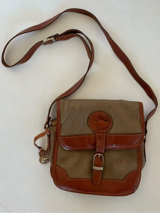 Vintage Dooney & Bourke Leather AWL Taupe & British Tan Crossbody Shoulder Bag