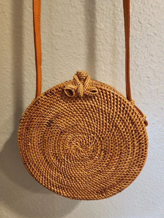 Woven Round Crossbody Bag in Natural Tan