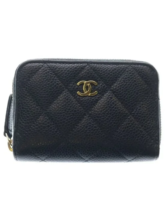 Chanel Quilted Classic Caviar Leather Zip Coin Purse Gold Black