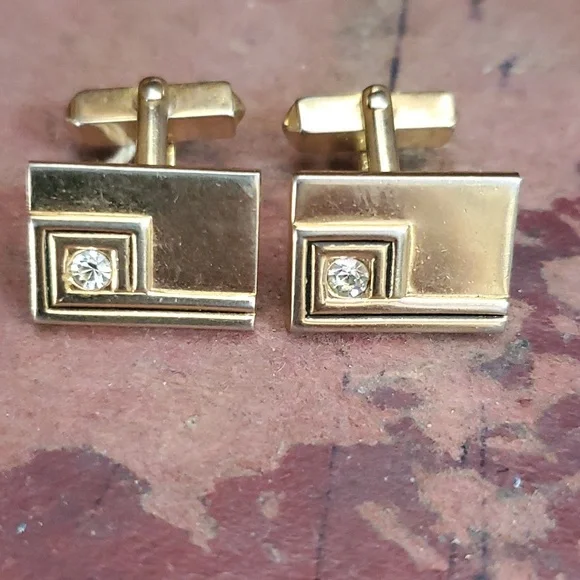 Swank Vintage Cufflinks gold Tone Rectangle w/ clear stone